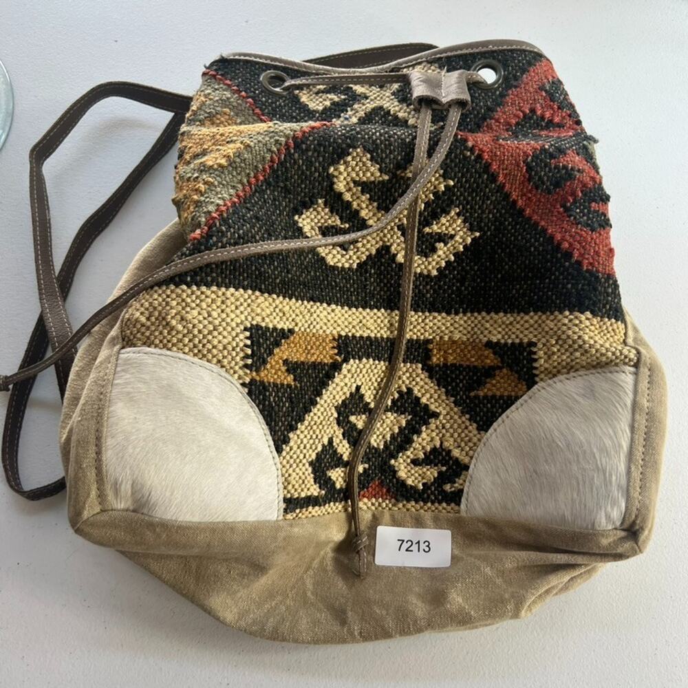 OHLAY Bucket Bag Milano Espec Drawstring Hair-On Genuine Leather Aztec Rug Woven - Picture 2 of 15